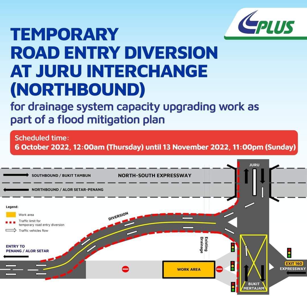 ACTIVATION OF TEMPORARY ROAD ENTRY DIVERSION AT JURU INTERCHANGE (NORTHBOUND)  FOR DRAINAGE SYSTEM CAPACITY UPGRADING WORK